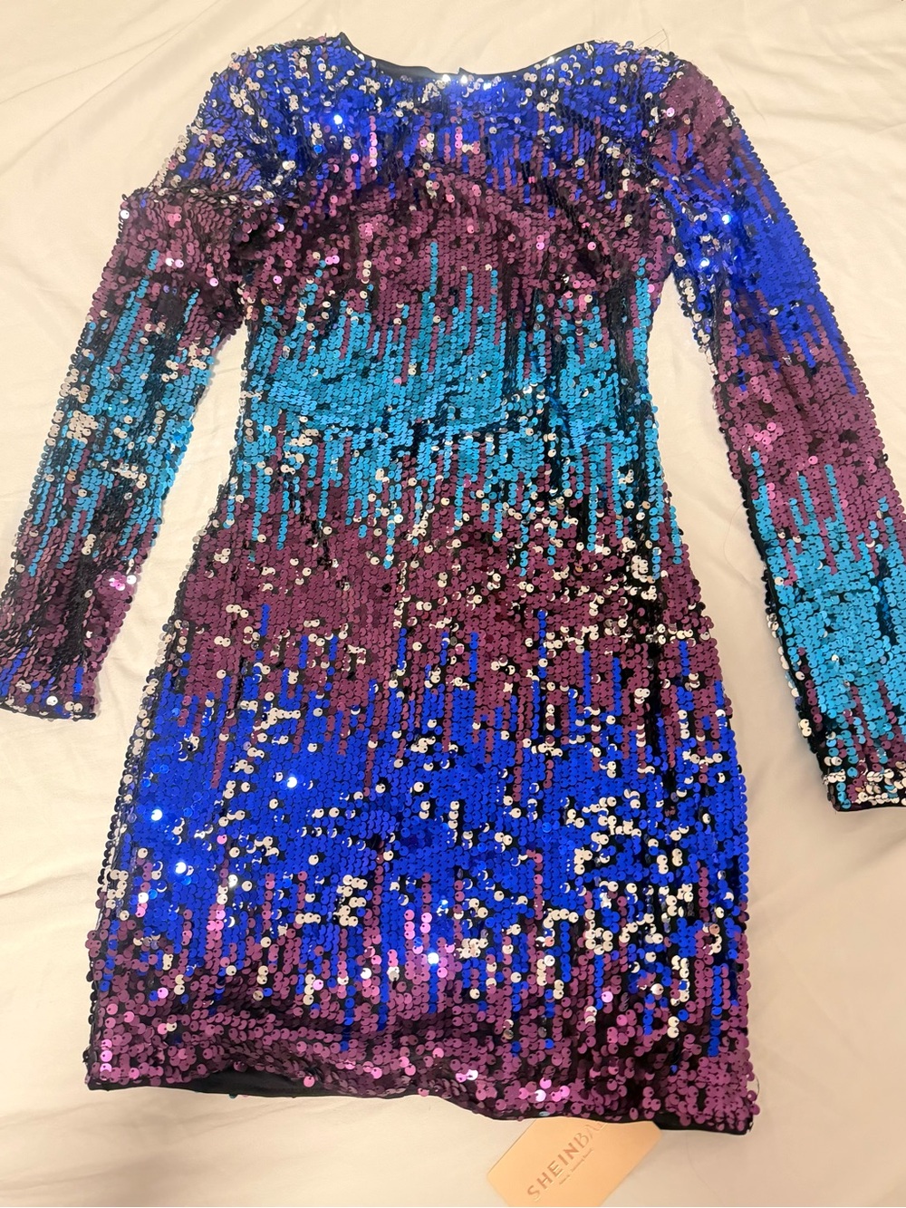 SHEINBAE Blue Teal Purple Sequin Long Sleeve Party Dress